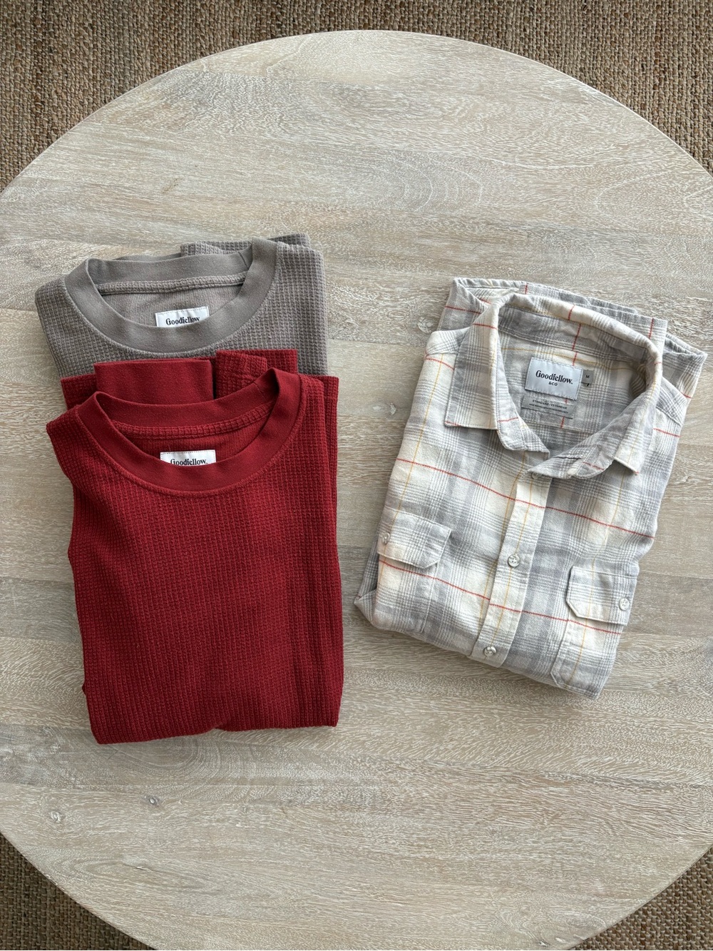Lot of 3: Goodfellow & Co. Red & Gray Thermal Tops + Plaid Button Down Shirt Set
